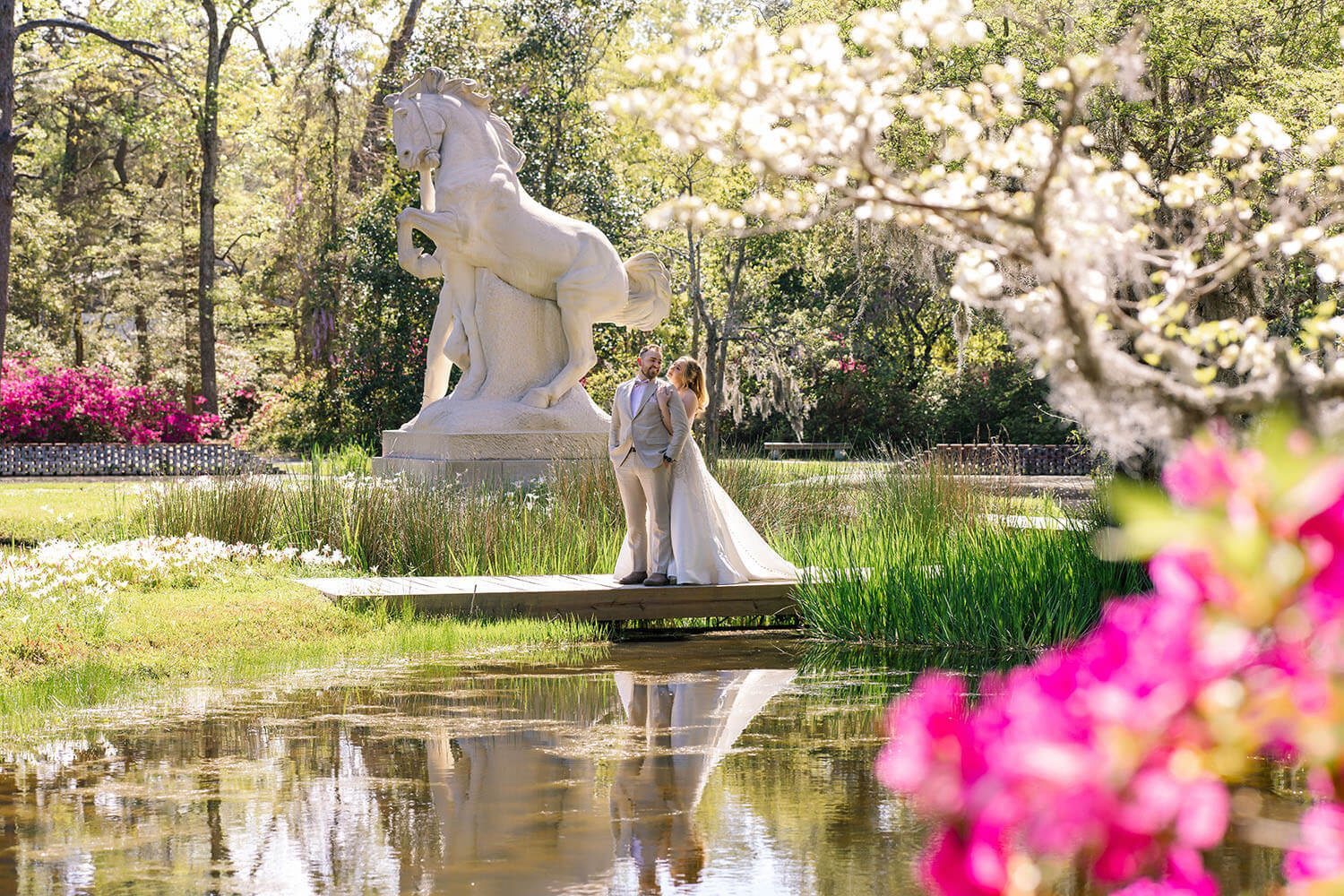 Couple portrait among the sculptures at Brookgreen Gardens